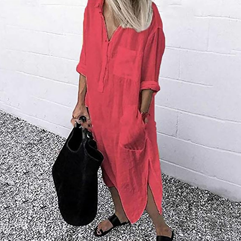 Elegant Enfärgad Slit Skjortklänning