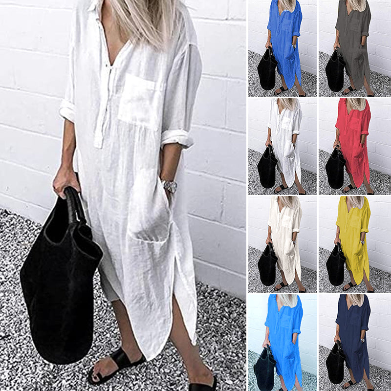 Elegant Enfärgad Slit Skjortklänning